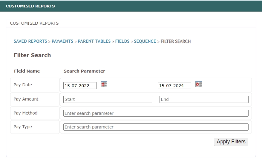 Customised Reports Filter Search