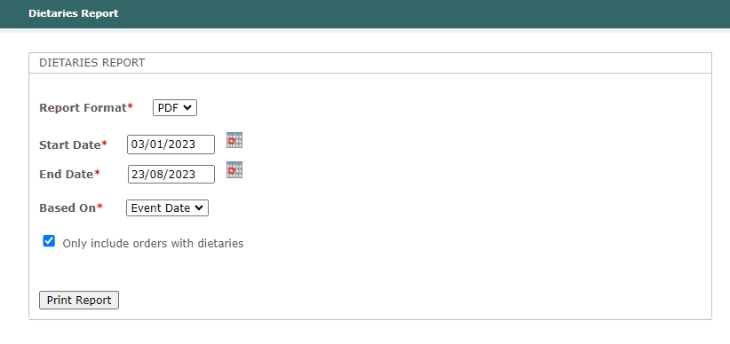 Dietaries Report