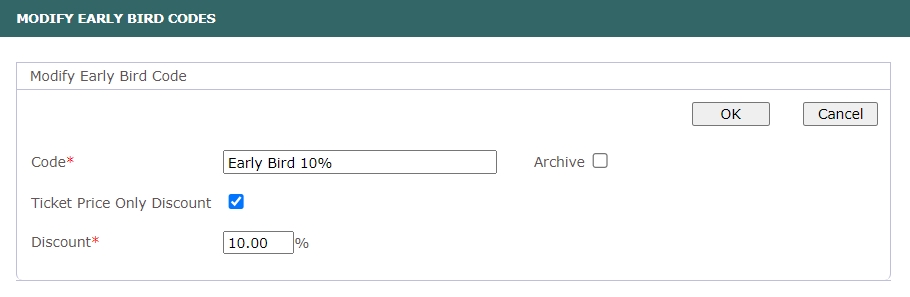 Modify Early Bird Discount Code