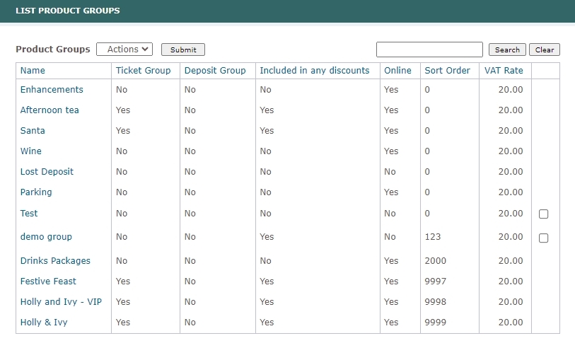 Product Groups List